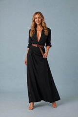Belted Satin Pleated Maxi Shirt Dress