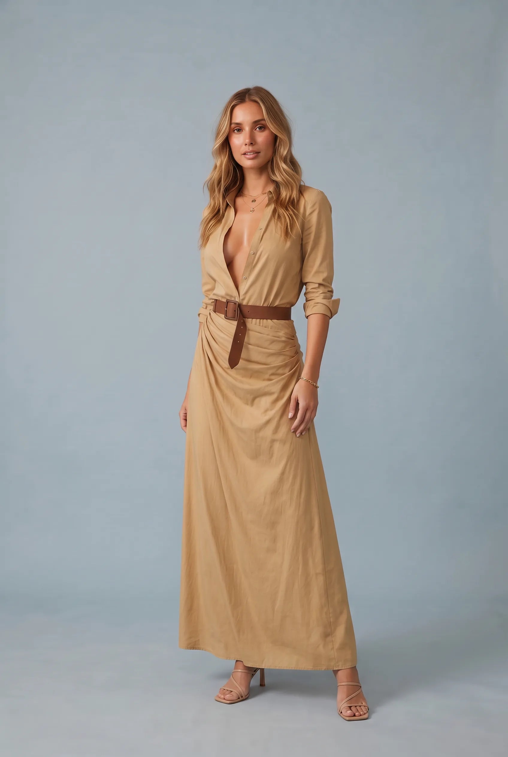 Robe col chemise ceinturée | Variante Beige | Lounelle Paris