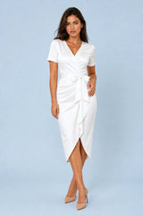 Satin Wrap V-Neck Tie-Waist Midi Dress