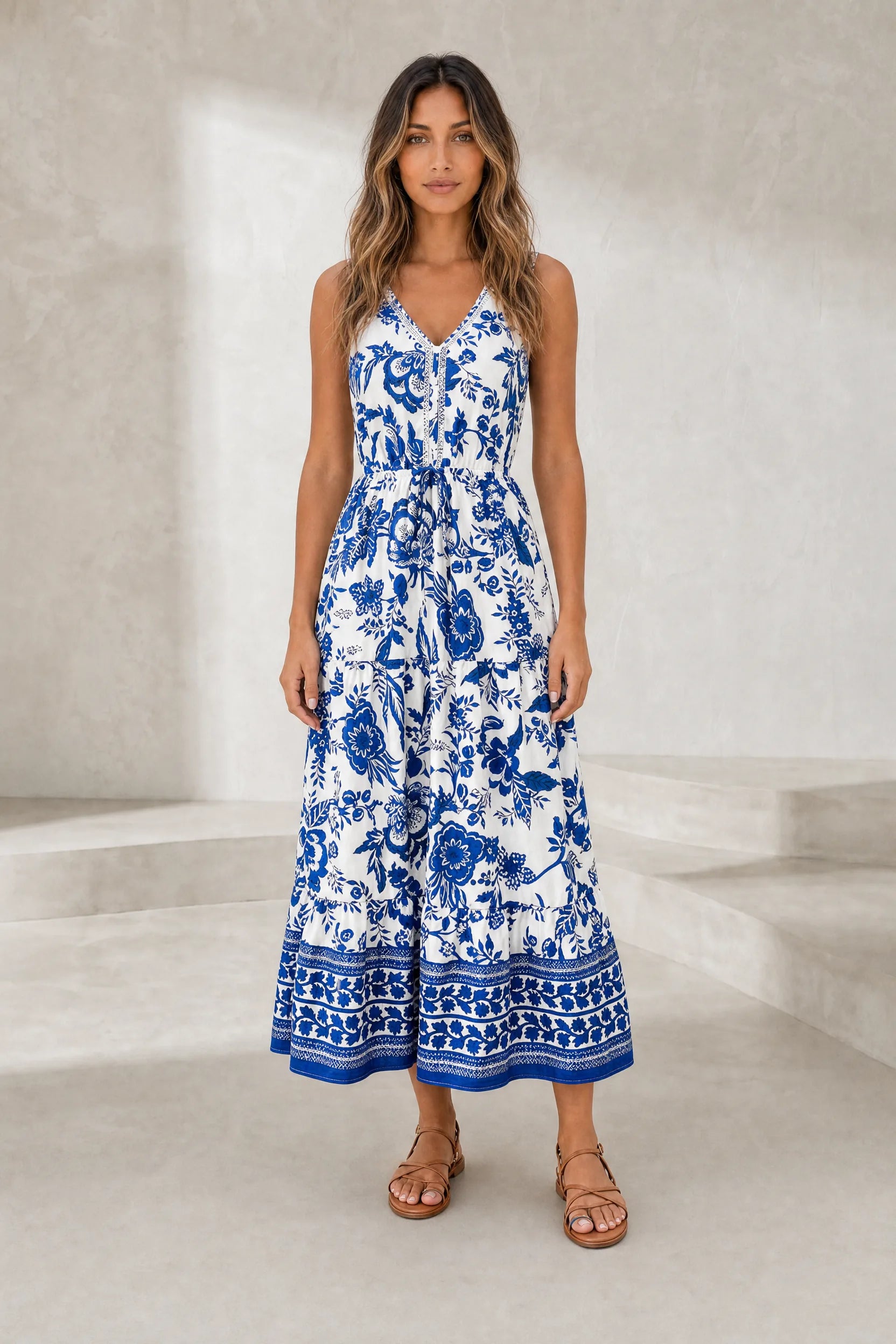 Robe longue blanche col V imprimée | Lounelle Paris