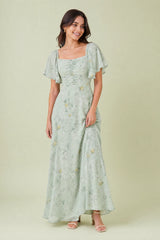 Square-Neck Flutter-Sleeve Maxi Dress