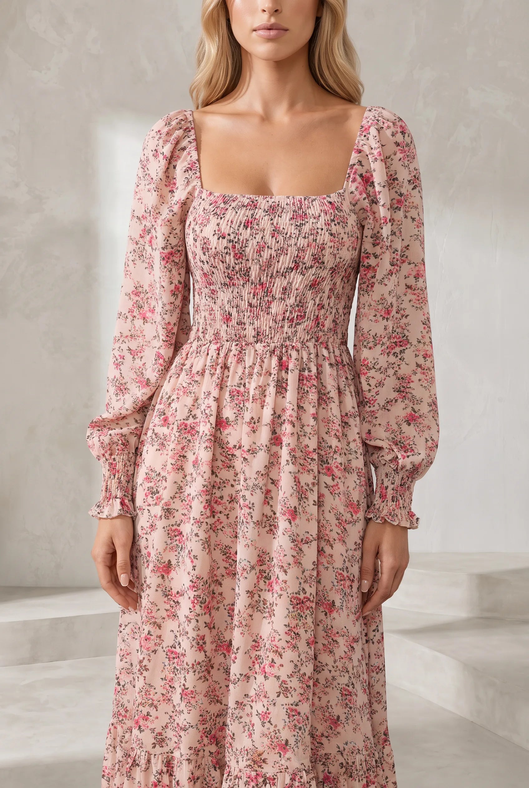 Robe longue fleurie manches bouffantes | Lounelle Paris
