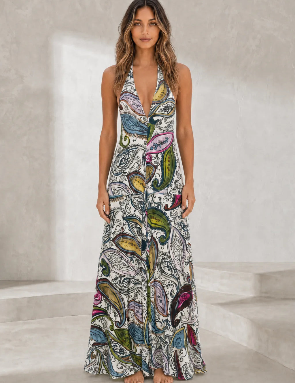 Robe longue imprimée col licou | Lounelle Paris