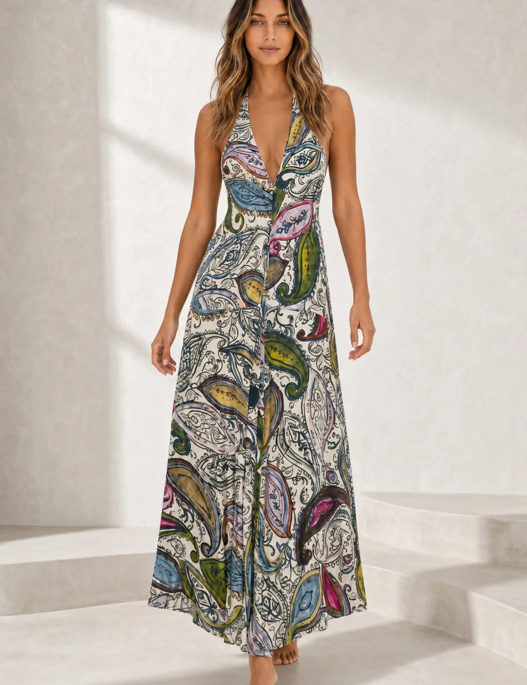 Robe longue imprimée col licou | Lounelle Paris