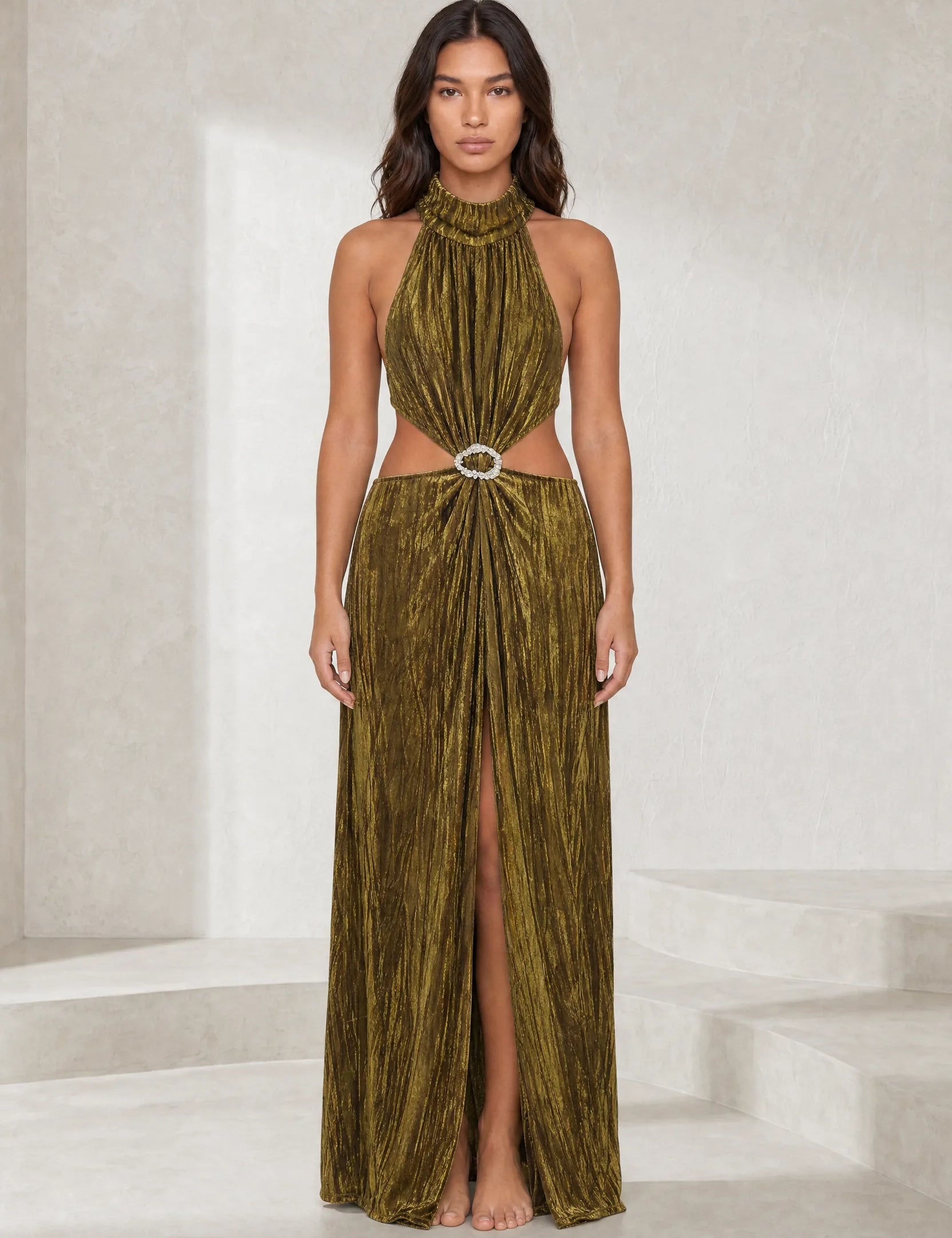 Robe longue or olive dos ouvert | Lounelle Paris