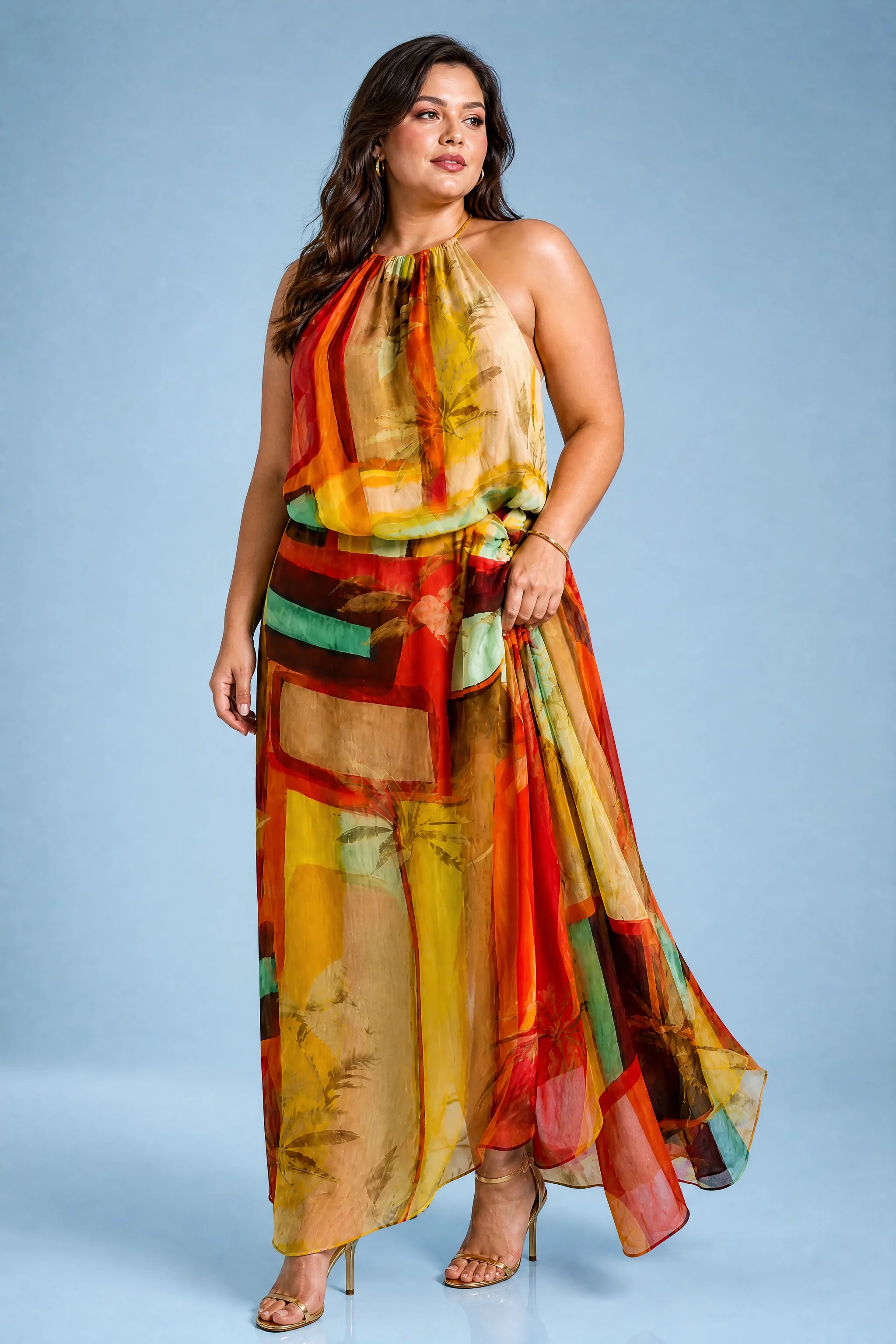 Robe longue orange col licou | Porté sur une silhouette plus ronde | Lounelle Paris