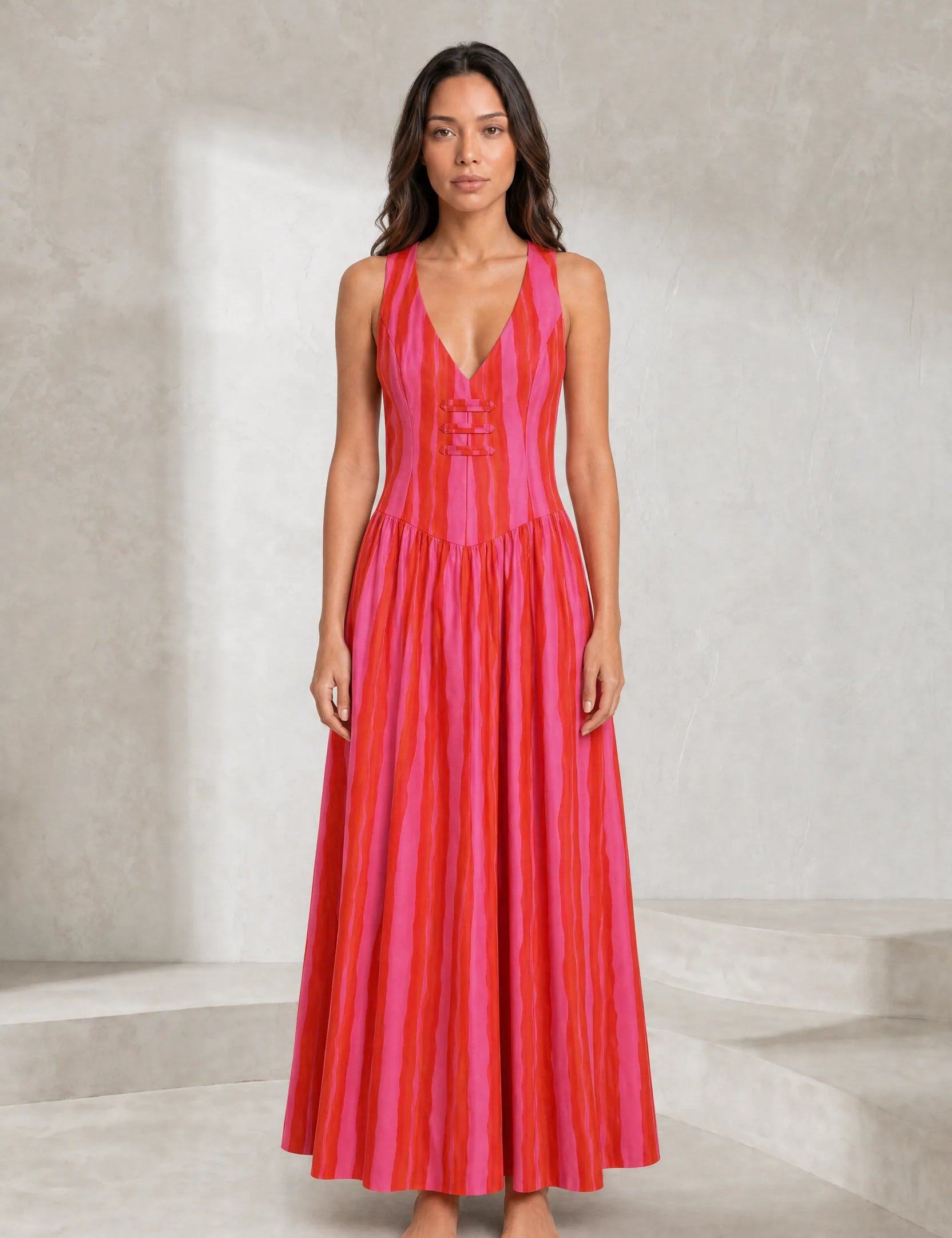 Robe longue rose rayée dos ouvert | Lounelle Paris