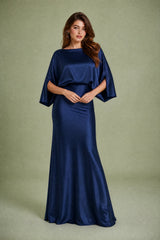 Satin Boat-Neck Cape-Sleeve Maxi Dress