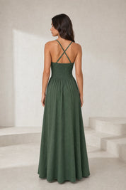 Robe longue vert foncé dos smocké | Lounelle Paris