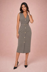 Black V-Neck Belted Dress
