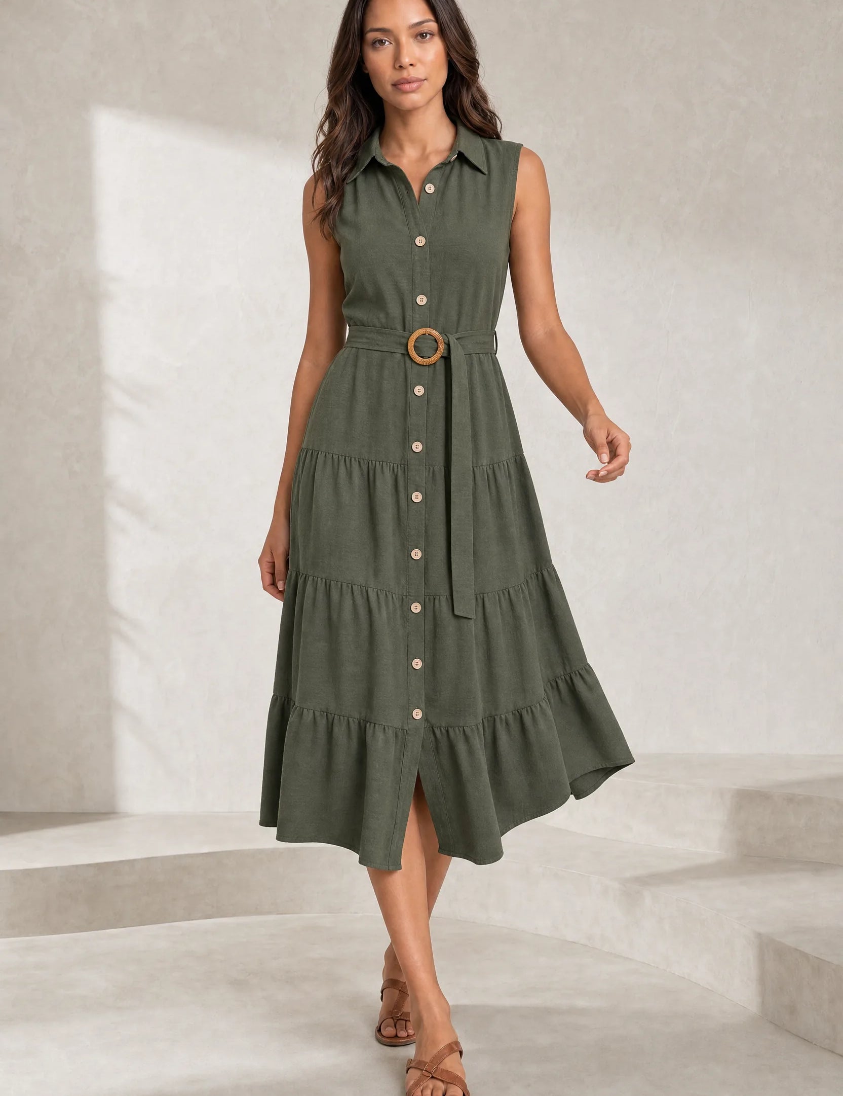 Robe vert militaire col chemise ceinturée | Lounelle Paris