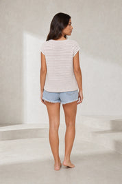 Top maille beige rayé col V | Lounelle Paris