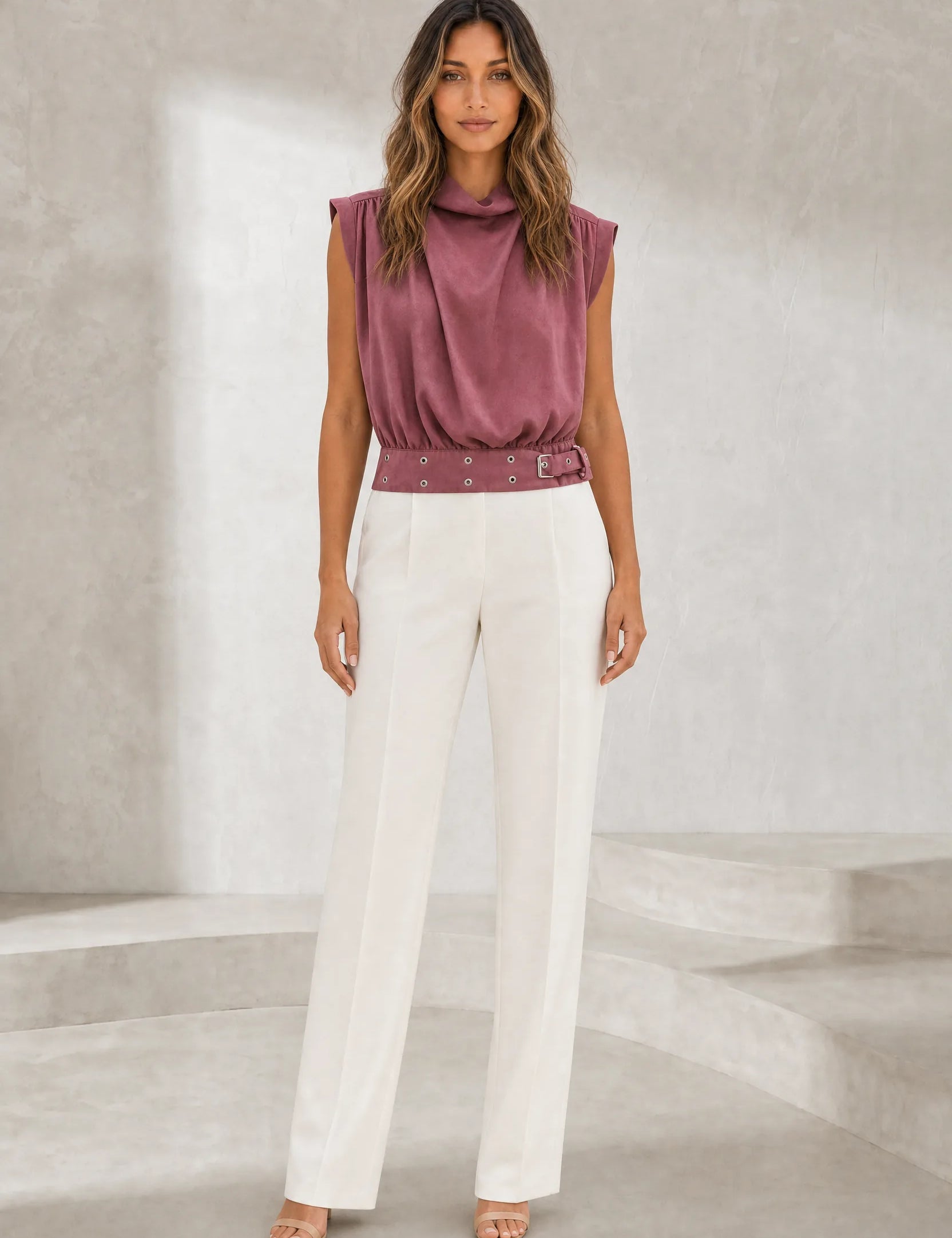 Top rose poudré col montant ceinturé | Lounelle Paris