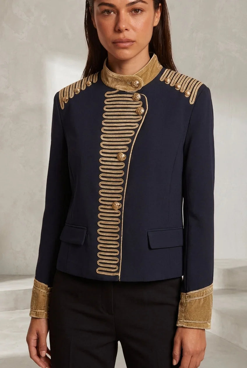 Veste bleu foncé broderies dorées | Lounelle Paris