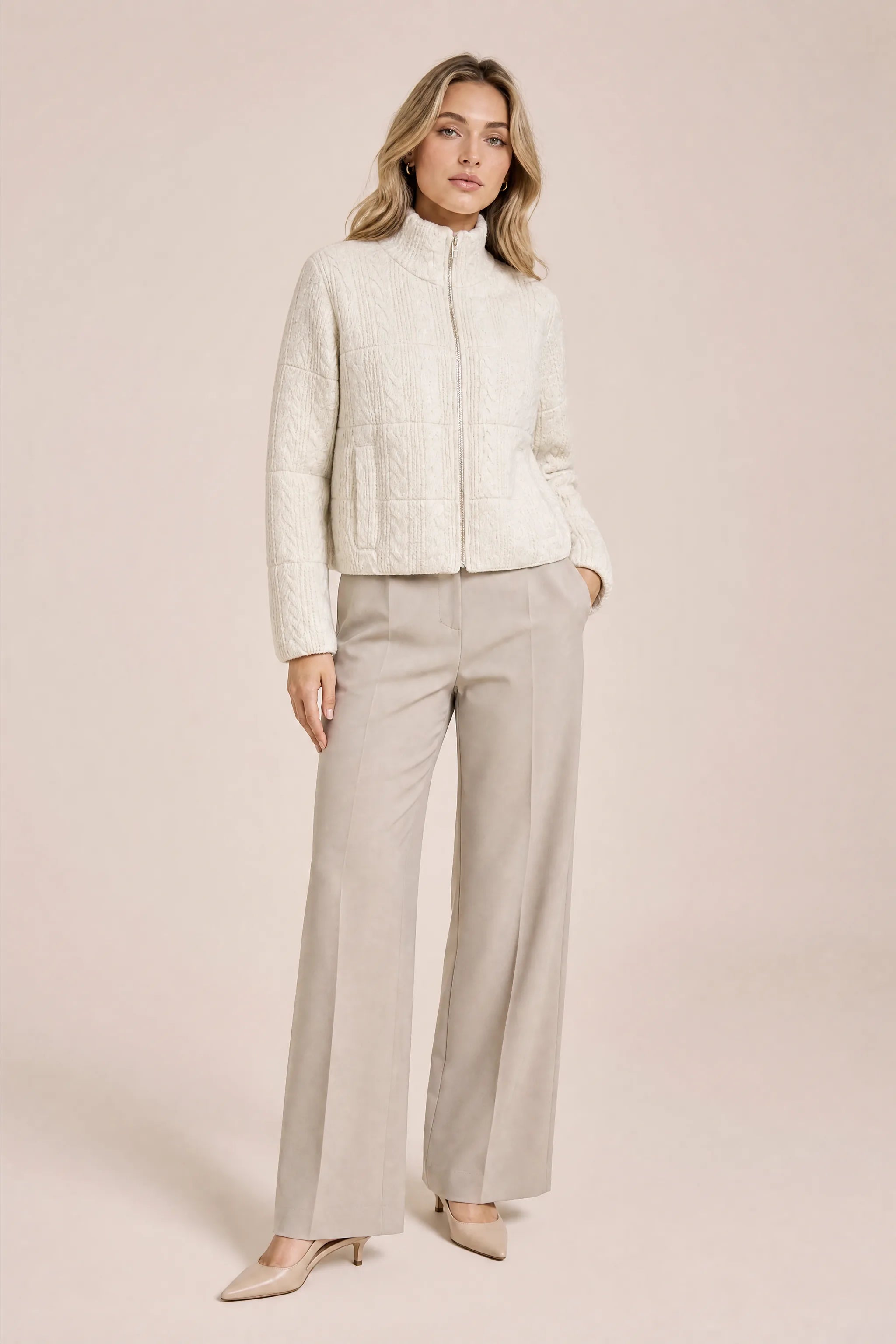 Veste maille beige col montant | Vue de face | Lounelle Paris
